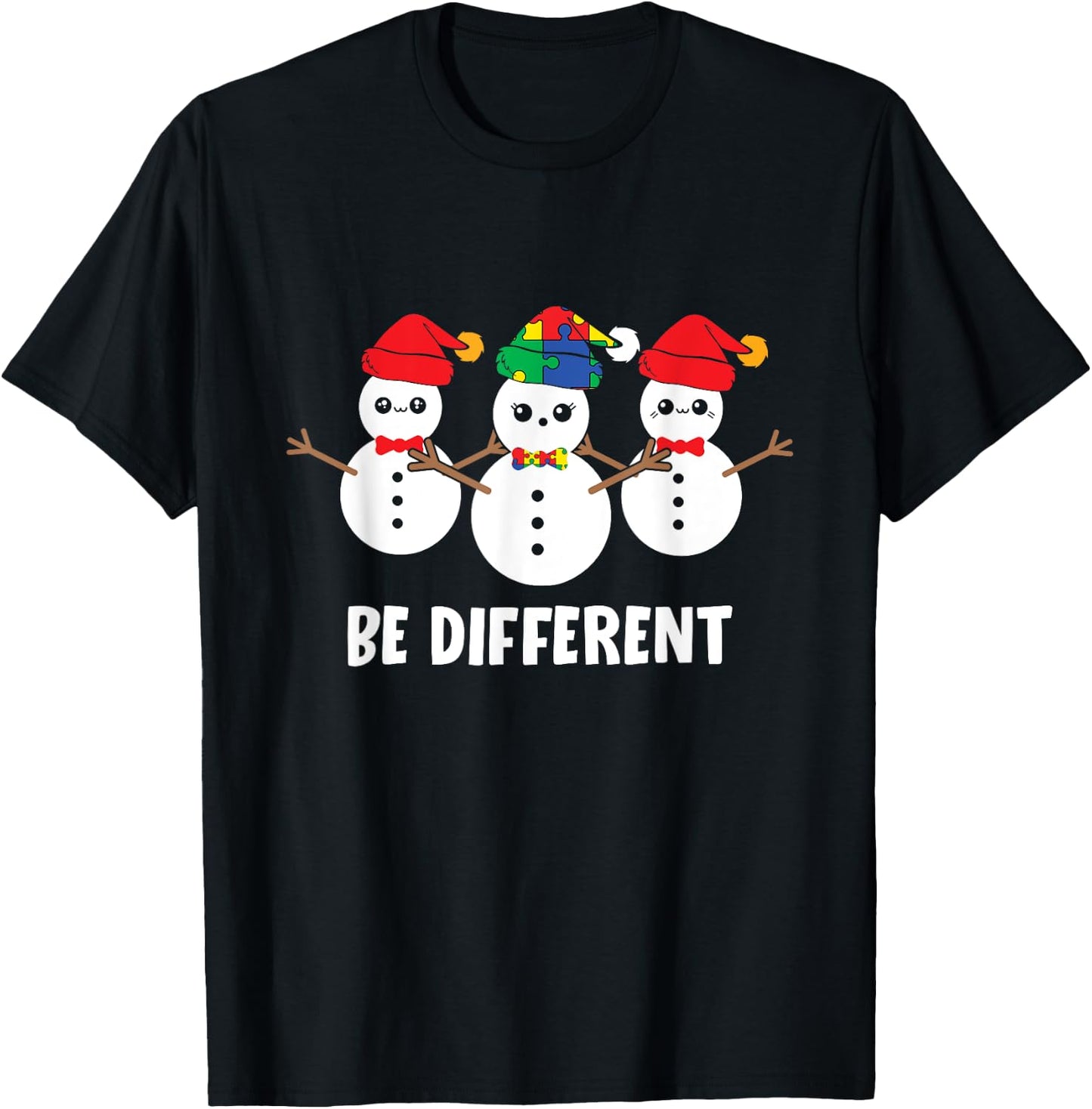 Be Different Christmas Autism Awareness Snowman Xmas Gift T-Shirt - T-Shirt | Black