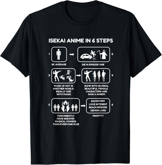 Isekai Anime In Six Steps - Funny Isekai Anime Novelty T-Shirt - T-Shirt | Black