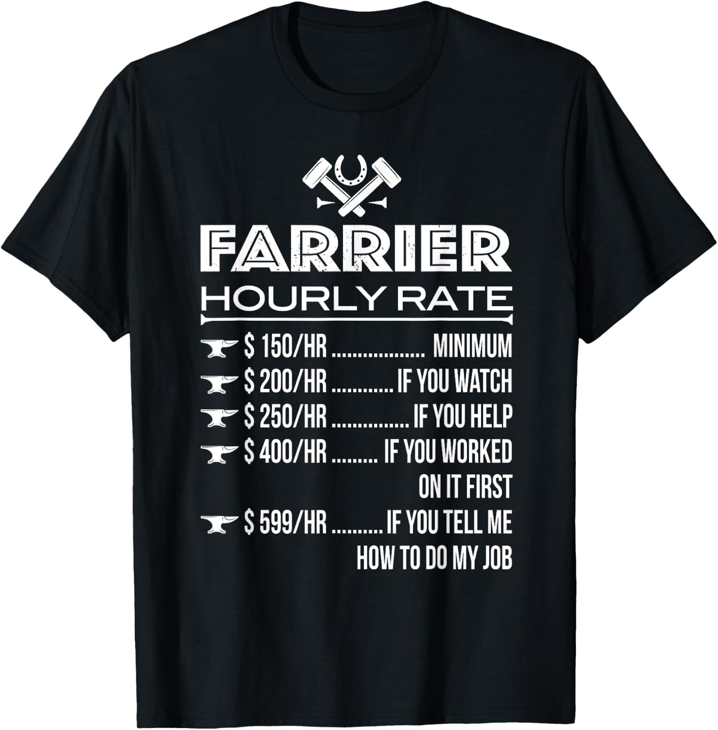 Horse Foot Care Specialist Job Title Wage Chart Funny Farrier Rates Labor Horseshoer Equine Hoof Worker Gift T-Shirt - T-Shirt | Black