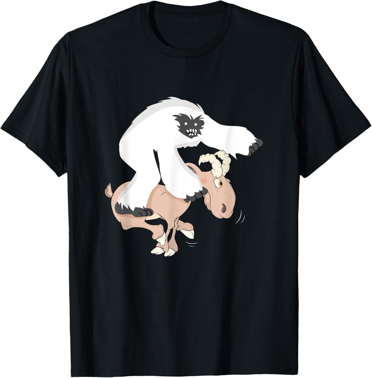 Funny Baby Yeti Riding Goat Cartoon Bigfoot Play Junior Goat T-Shirt - T-Shirt | Black