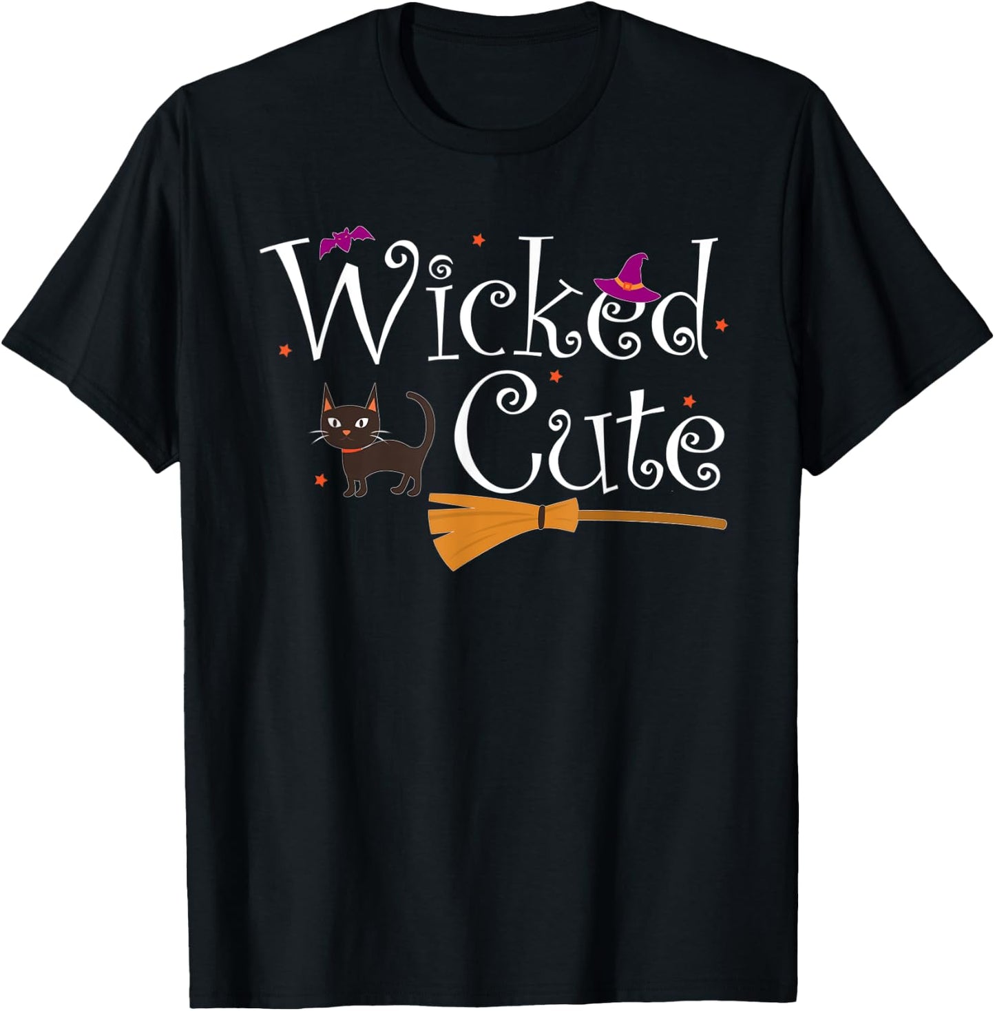 Wicked Cute Witch Halloween Costume Cat Broom Hat Gift Women Kids T-Shirt - T-Shirt | Black