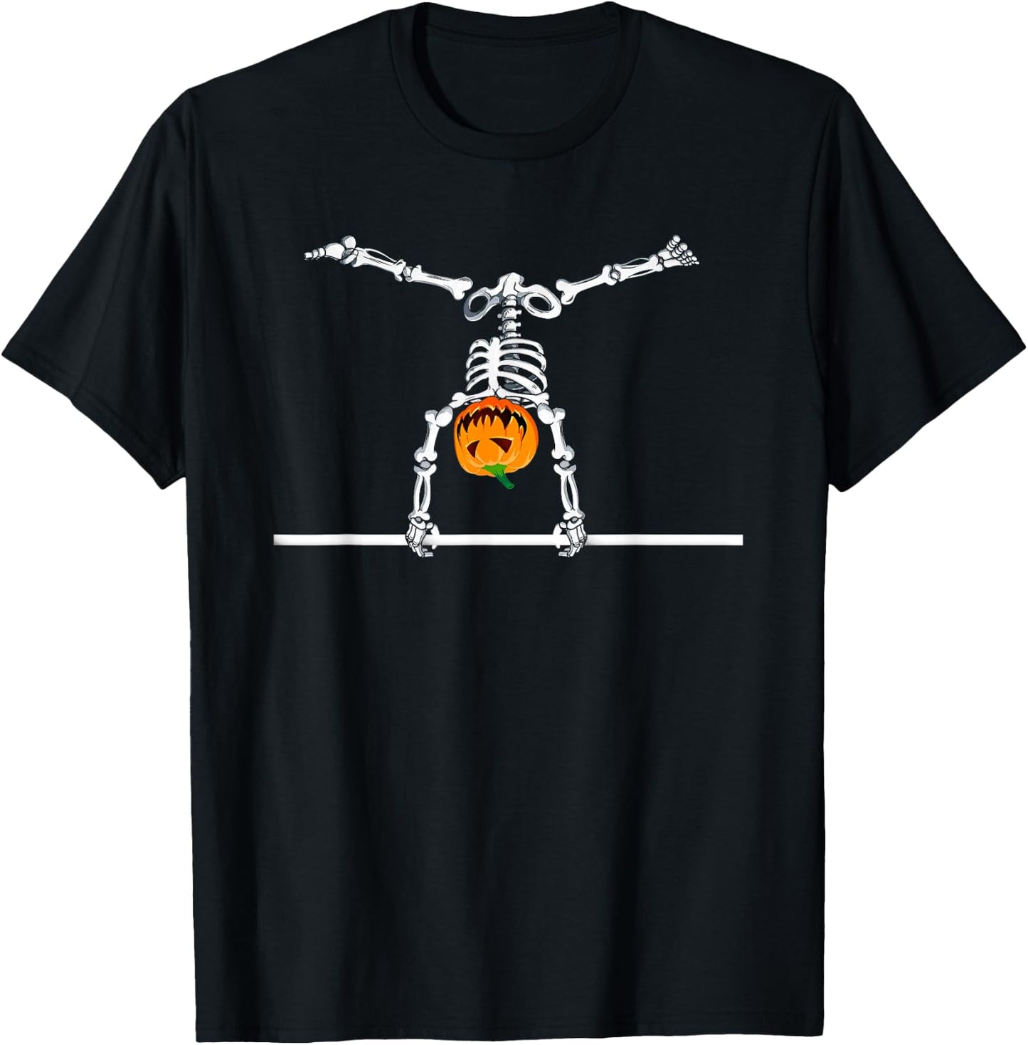 Skeleton Gymnastics Halloween Pumpkin Horizontal Bar T-Shirt - T-Shirt | Black