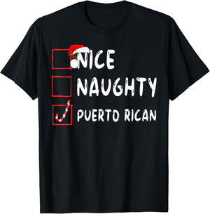 Nice Naughty Funny Christmas Family Matching All Ages Classic Modern Round Collar Short Sleeve Black Small Puerto Rican Christmas Puerto Rico T-Shirt - T-Shirt | Black