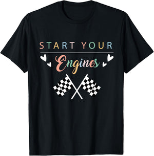 Cute Start Your Engines Checkered Flag Racing T-Shirt - T-Shirt | Black