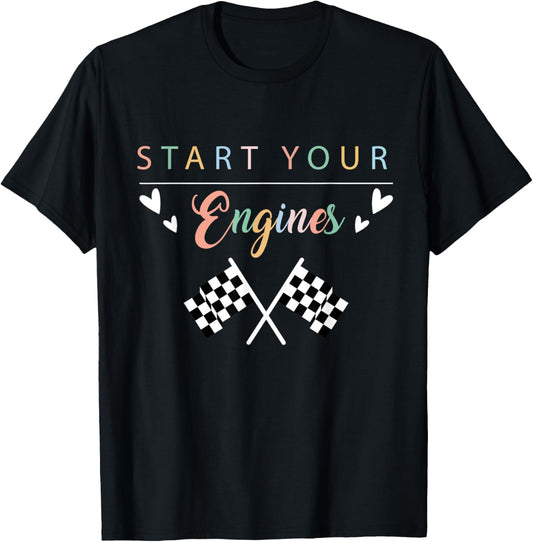 Cute Start Your Engines Checkered Flag Racing T-Shirt - T-Shirt | Black
