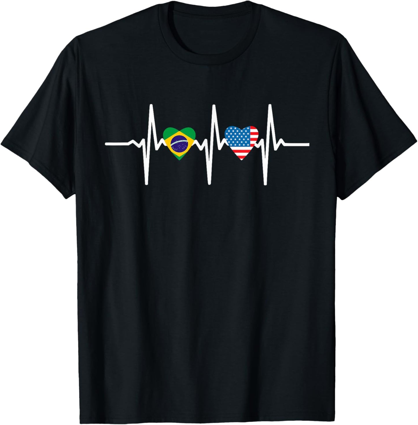 Half American Brazilian America Brazil Flag Heartbeat Heart T-Shirt - T-Shirt | Black