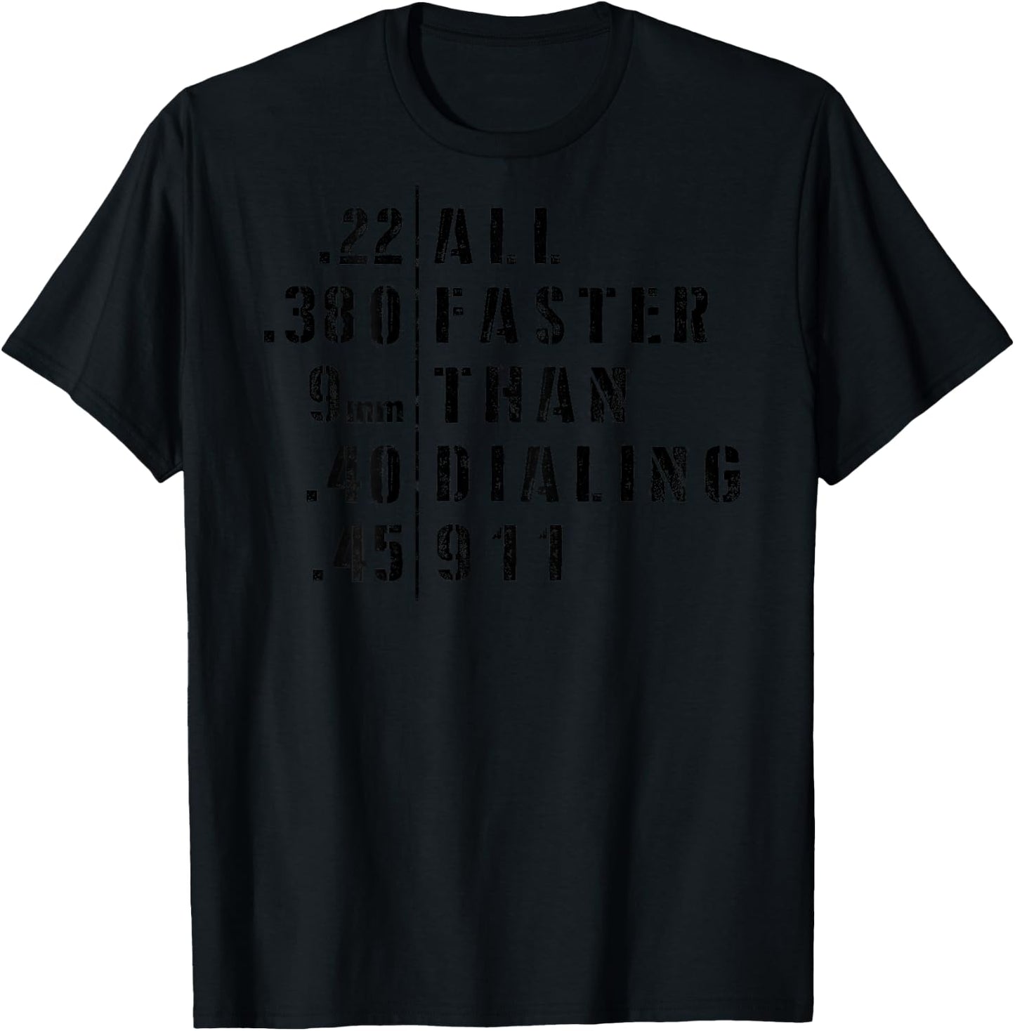 .22 .380 9mm .40 .45 All Faster Than Dialing 911 Sarcastic T-Shirt - T-Shirt | Black