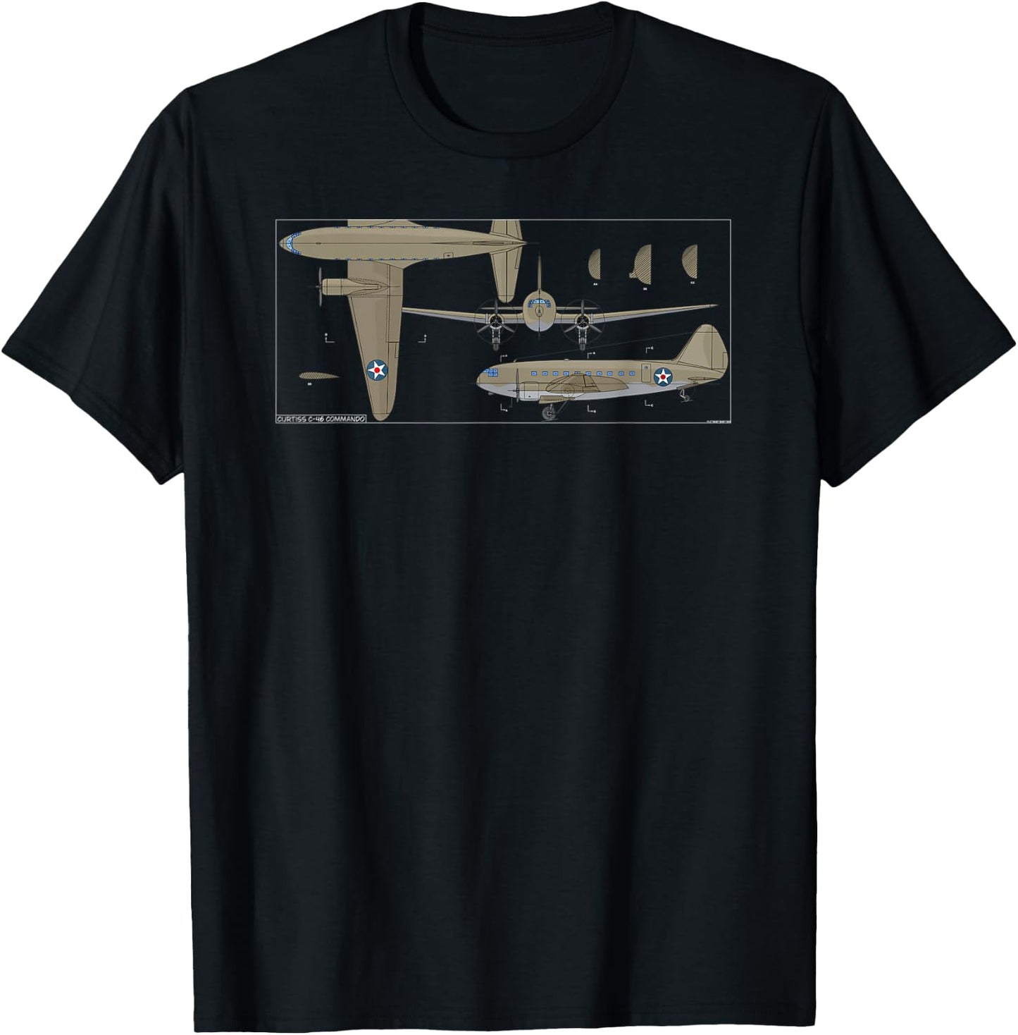 Curtiss C-46 Commando American WW2 Transport Plane Diagram T-Shirt - T-Shirt | Black