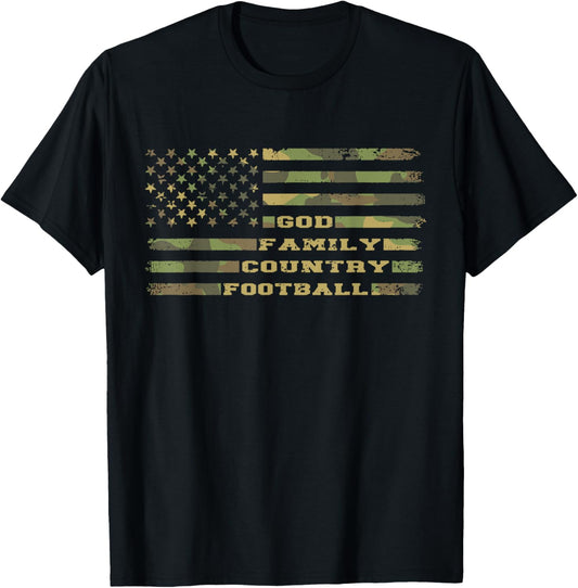God Family Country Football Vintage Camouflage American Flag T-Shirt - T-Shirt | Black
