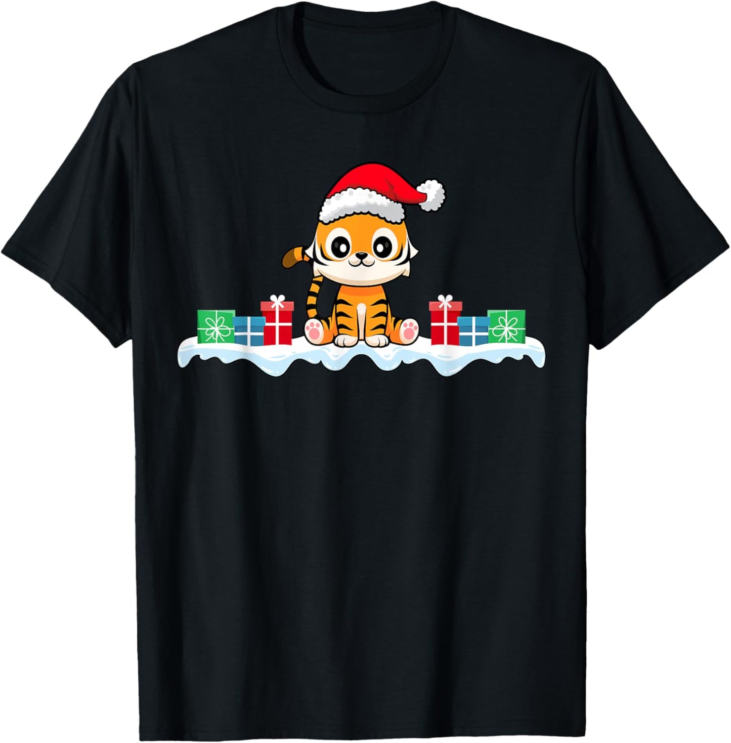 Kawaii Tiger Wearing Santa Hat Xmas Tiger Lover Christmas T-Shirt - T-Shirt | Black