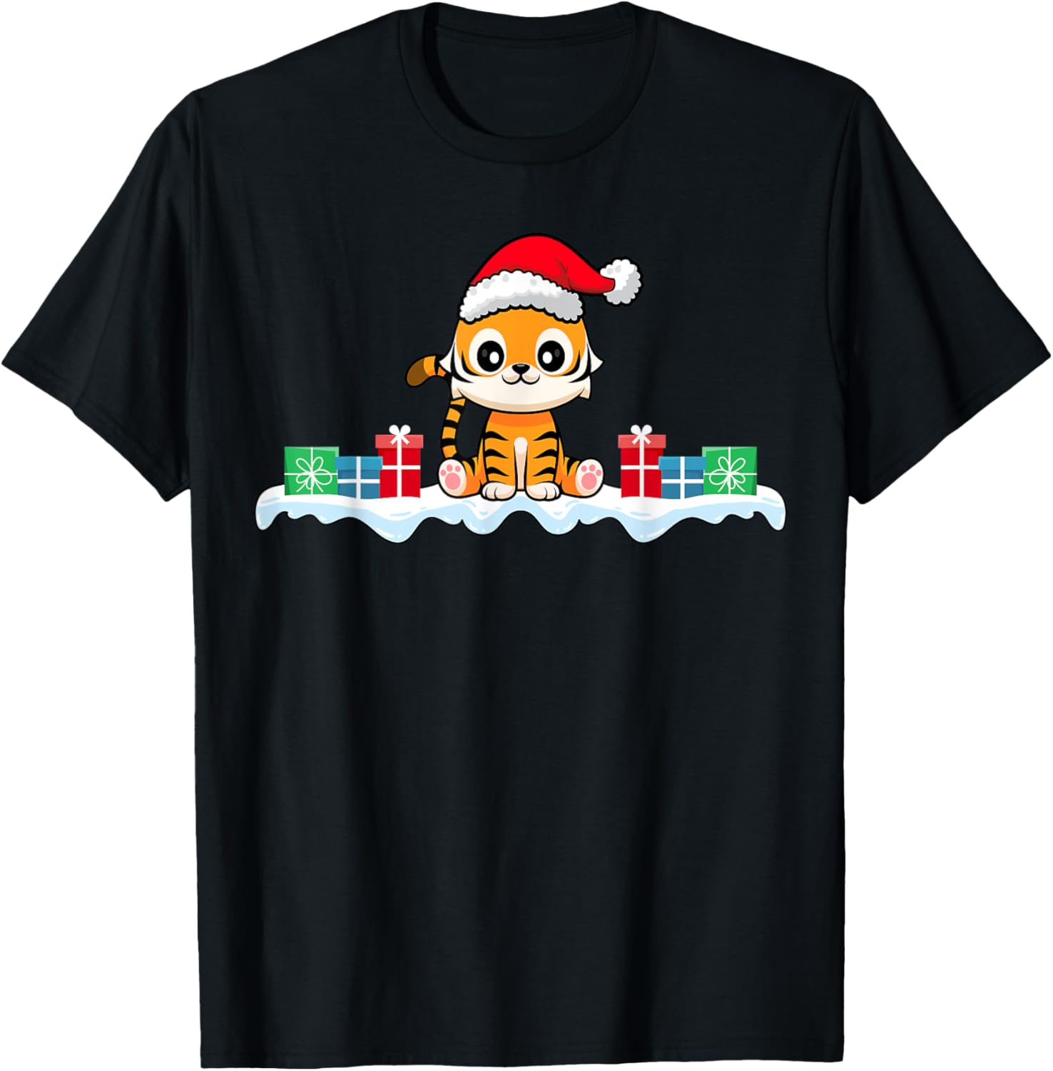 Kawaii Tiger Wearing Santa Hat Xmas Tiger Lover Christmas T-Shirt - T-Shirt | Black