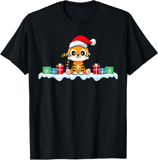 Kawaii Tiger Wearing Santa Hat Xmas Tiger Lover Christmas T-Shirt - T-Shirt | Black