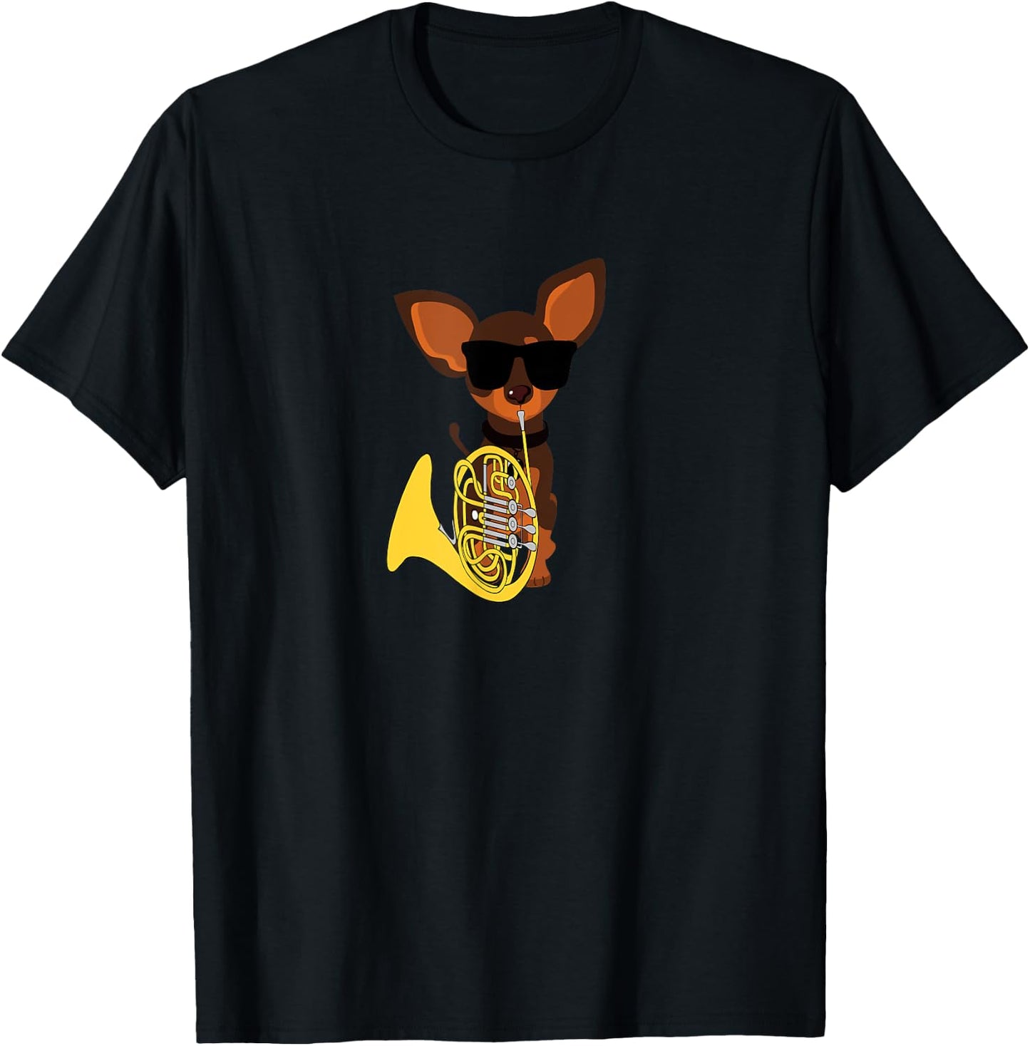 Funny Dog Wearing Sunglasses Playing French Horn Women Kids T-Shirt - T-Shirt | Black