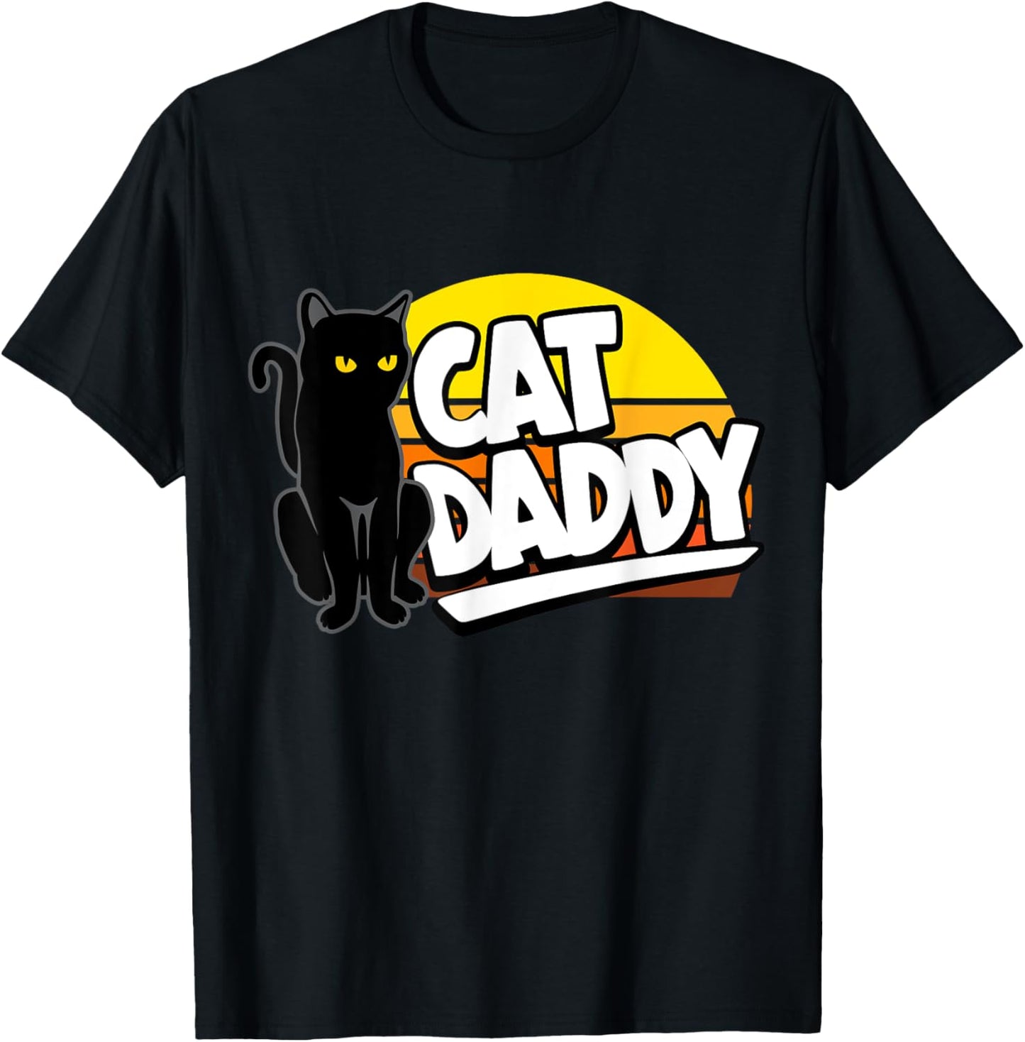 Cat Daddy Retro Sunset Cat Dad Black Cat Yellow Eyes T-Shirt - T-Shirt | Black