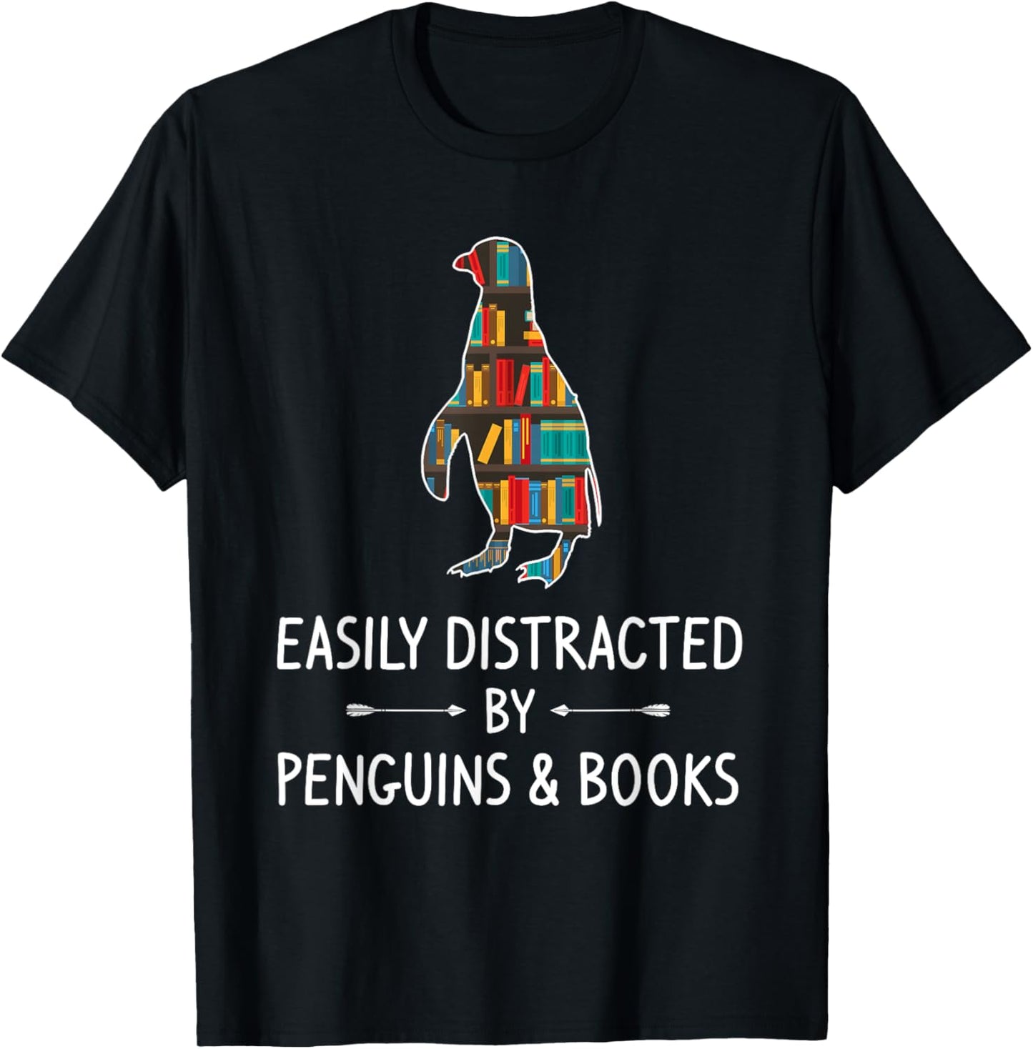 Easily Distracted By Penguins & Books Lover Gift Bird Animal T-Shirt - T-Shirt | Black
