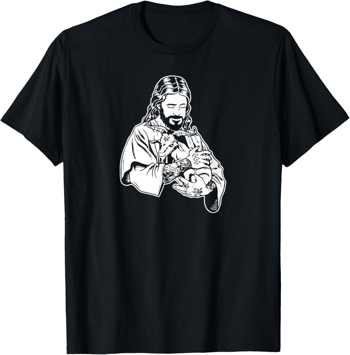 Jesus Holding Goat Baphomet Occult Satanic Tattooed Jesus T-Shirt - T-Shirt | Black