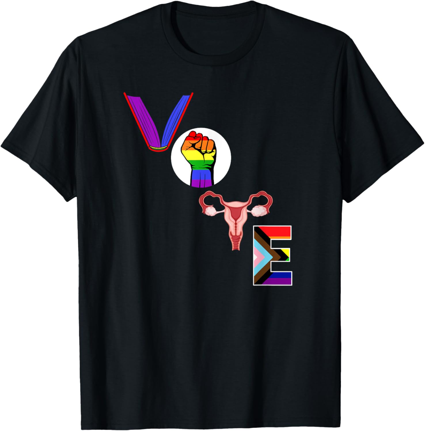 Vote - Books - Fist - Ovaries - LGTBQ - Rainbow T-Shirt - T-Shirt | Black