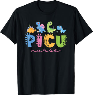 PICU Pediatric Nurse Dinosaurs PICU Squad Nurse Appreciation T-Shirt - T-Shirt | Black