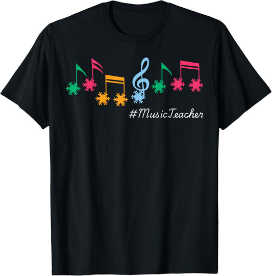 Funny Music Teacher Christmas Music Notes Snowflakes Outfit T-Shirt - T-Shirt | Black