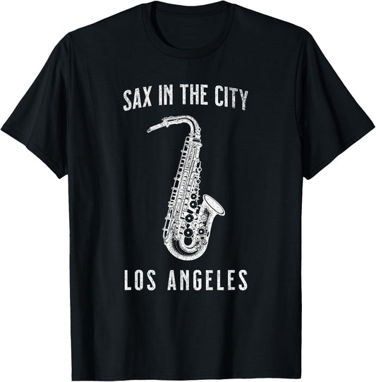 Funny Sax In The City Los Angeles Jazz Music Saxophone T-Shirt - T-Shirt | Black