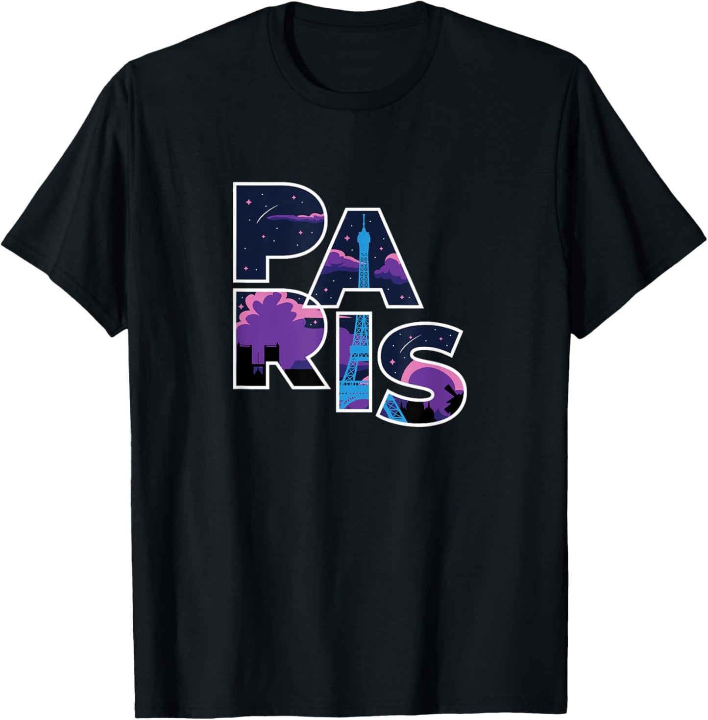 Paris Starry Sky – France Eiffel Tower Word Art T-Shirt - T-Shirt | Black