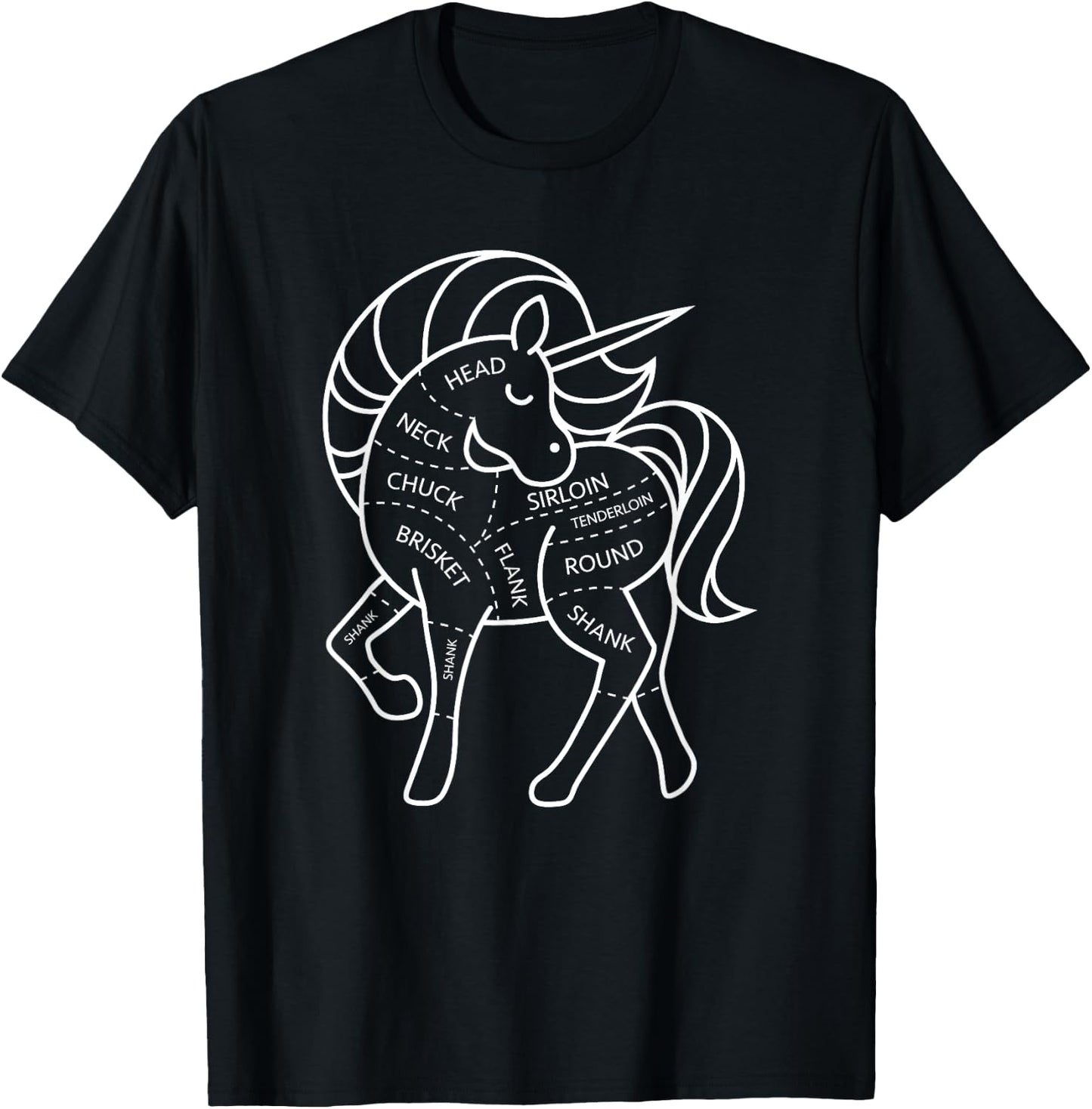 Magic Grass Fed Unicorn Meat Cuts Diagram Dark Humor T-Shirt - T-Shirt | Black