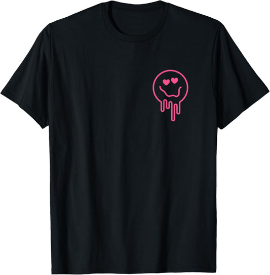 Melting Pink Heart Eyes Smile Face Melted Retro Happy Face T-Shirt - T-Shirt | Black