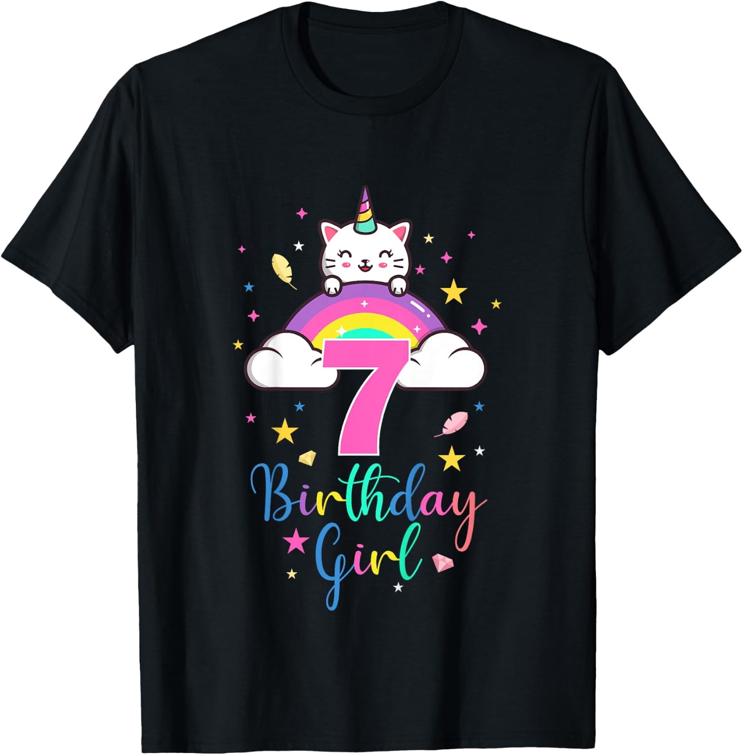 7th Birthday Girl Seven Years Old Birthday Caticorn Rainbow T-Shirt - T-Shirt | Black