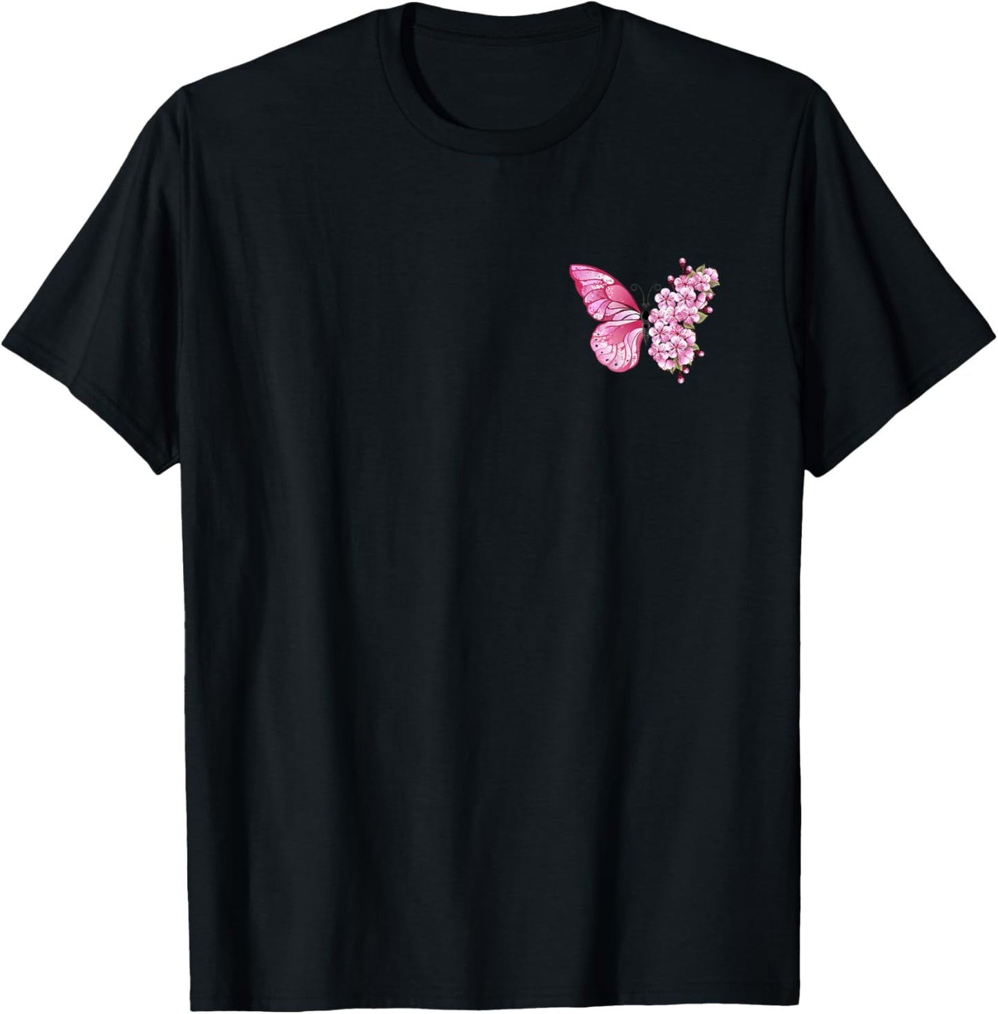 Butterfly With Cherry Blossom Wing Sakura On Chest And Back T-Shirt - T-Shirt | Black