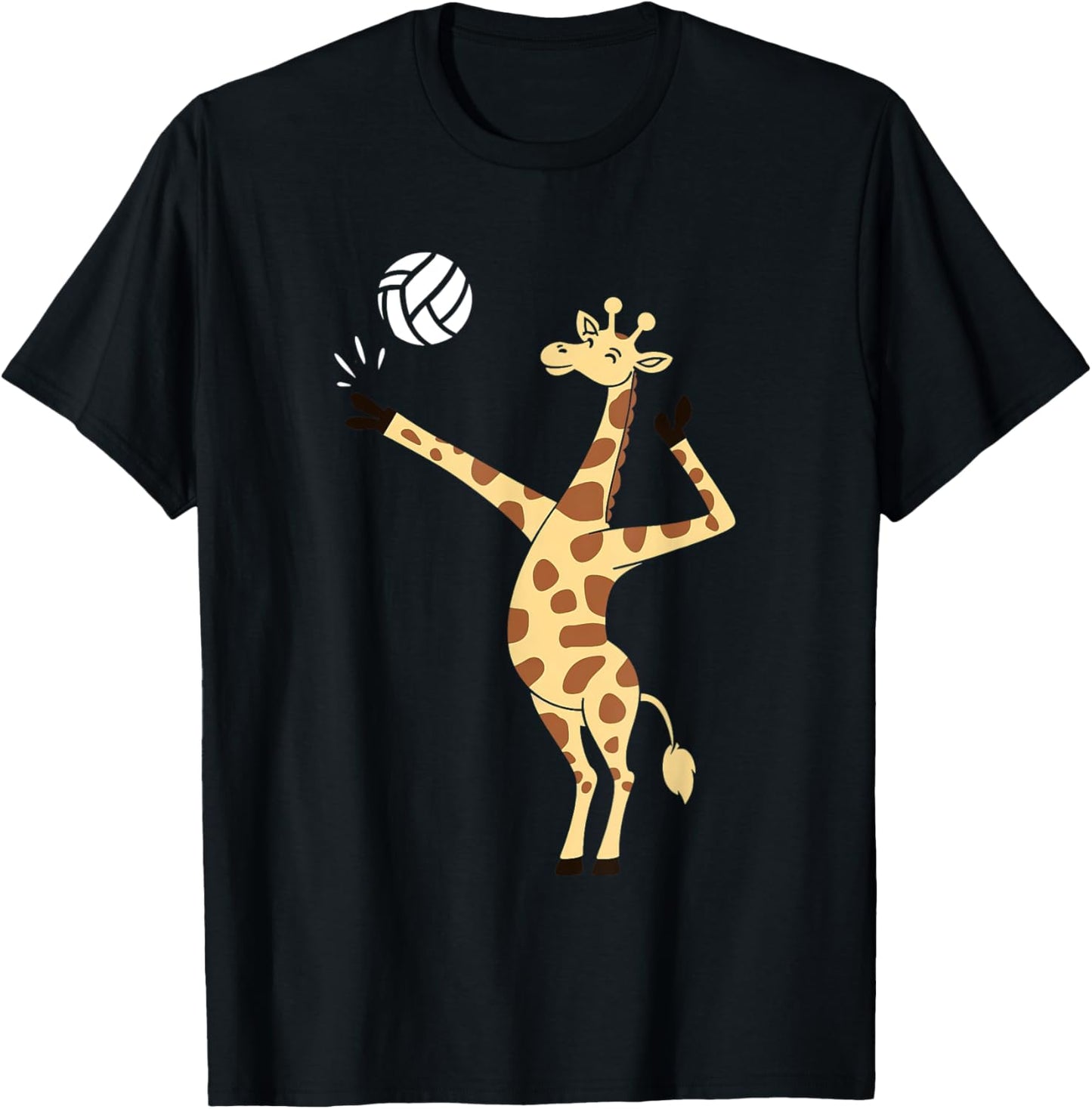 Giraffe Playing Volleyball Funny Whimsical Cartoon Graphic T-Shirt - T-Shirt | Black