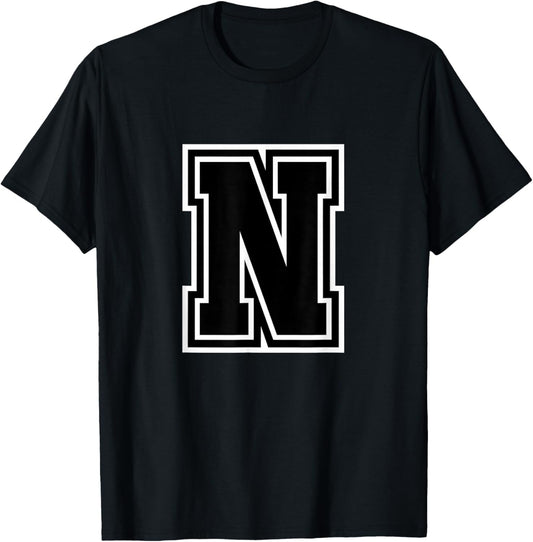Letter N Black Monogram Initial T-Shirt - T-Shirt | Black