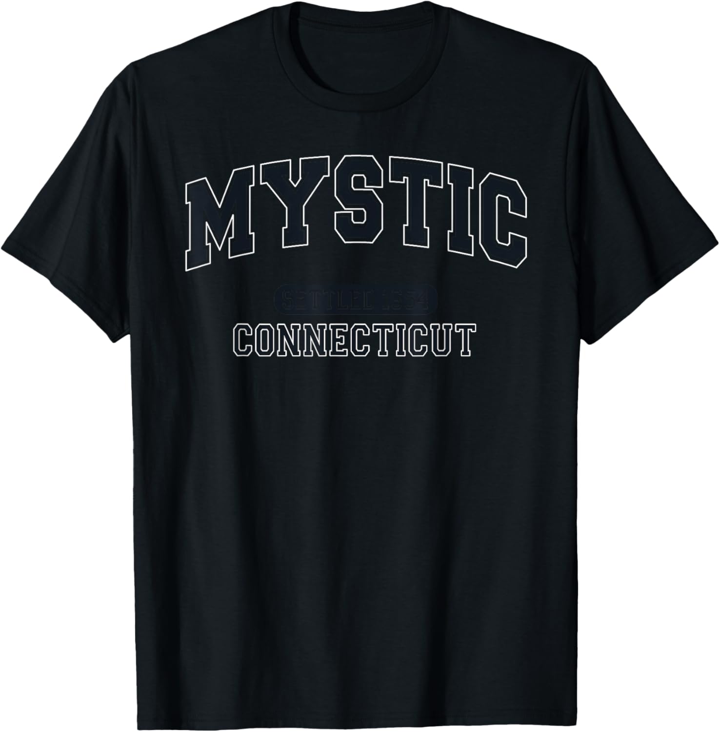 Mystic Connecticut Settled 1654 Vintage Sports Arched Black T-Shirt - T-Shirt | Black