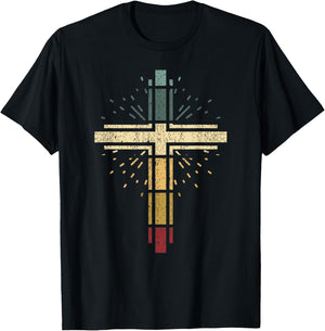 Cross Christian Vintage Religious Faith Vintag Sunset T-Shirt - T-Shirt | Black