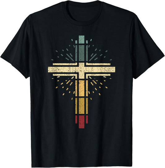 Cross Christian Vintage Religious Faith Vintag Sunset T-Shirt - T-Shirt | Black