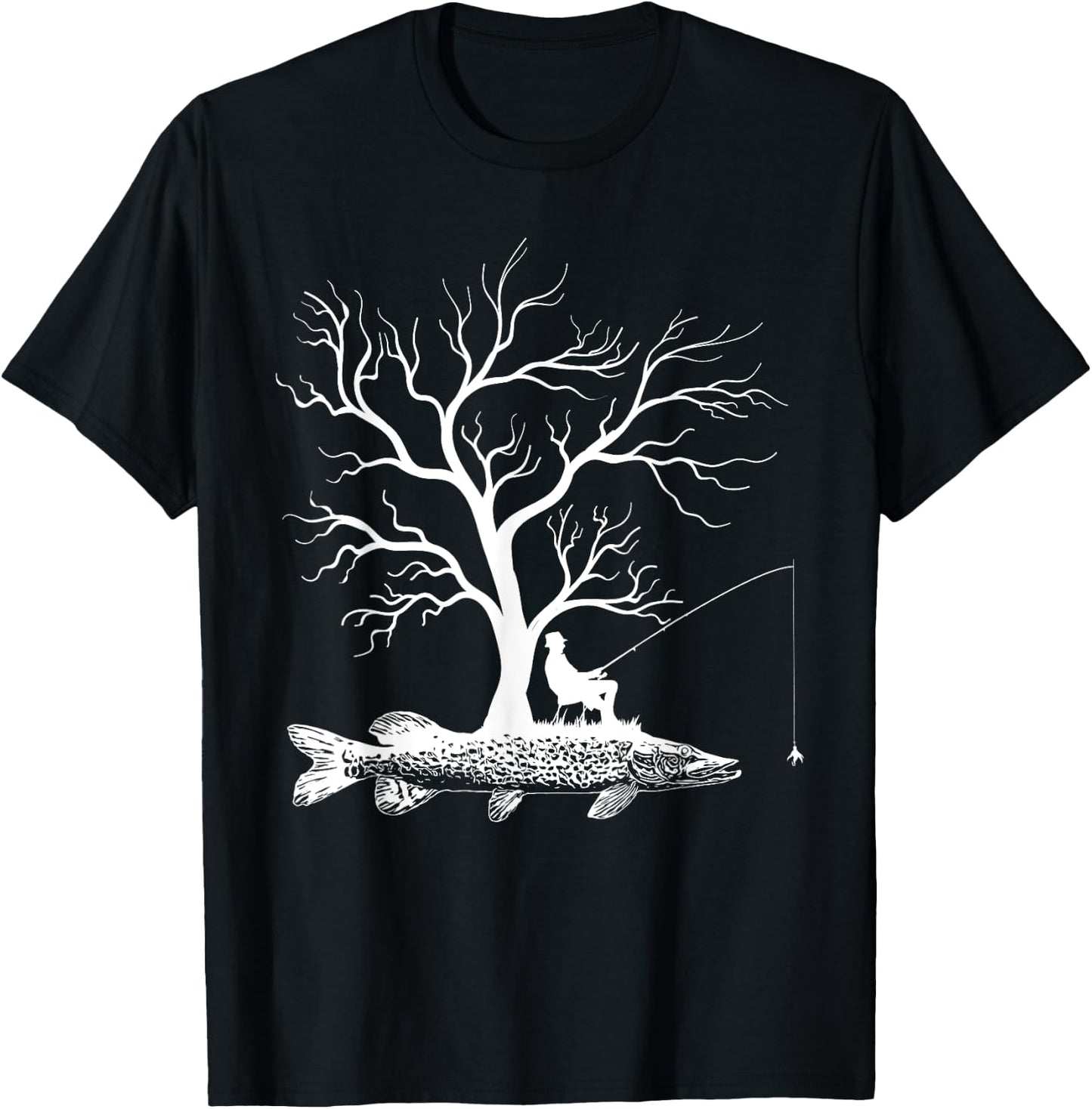 Graphic Tree Fishing Rod - Fish Northern Pike T-Shirt - T-Shirt | Black