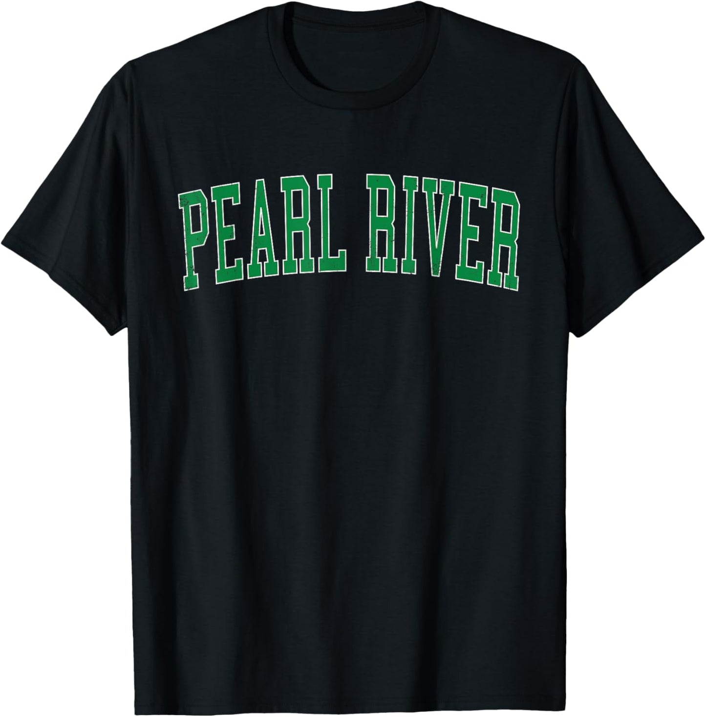 Vintage Pearl River NY Distressed Green Varsity Style T-Shirt - T-Shirt | Black
