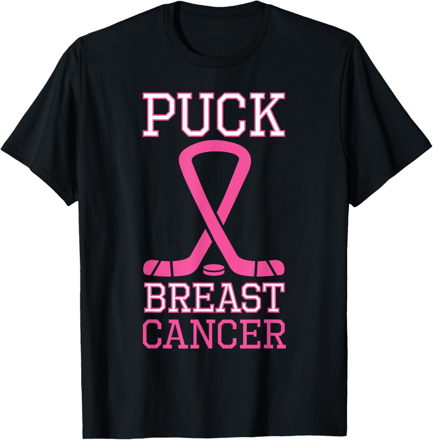 Puck Breast Cancer Pink Ribbon Ice Hockey Cancer day T-Shirt - T-Shirt | Black