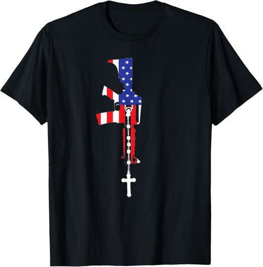 American Flag Rosary Patriotic Catholic T-Shirt - T-Shirt | Black
