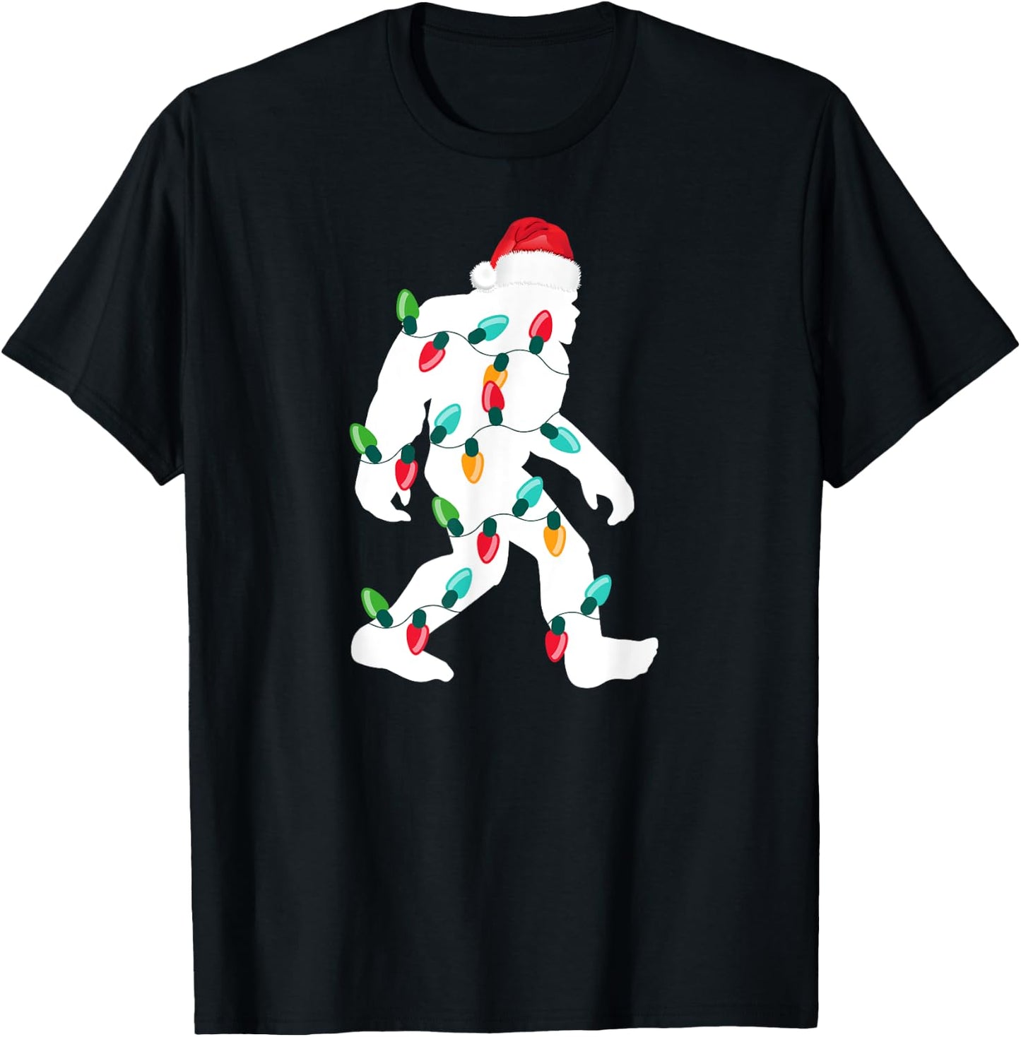 Bigfoot Santa Hat Christmas Sasquatch Xmas Lights T-Shirt - T-Shirt | Black