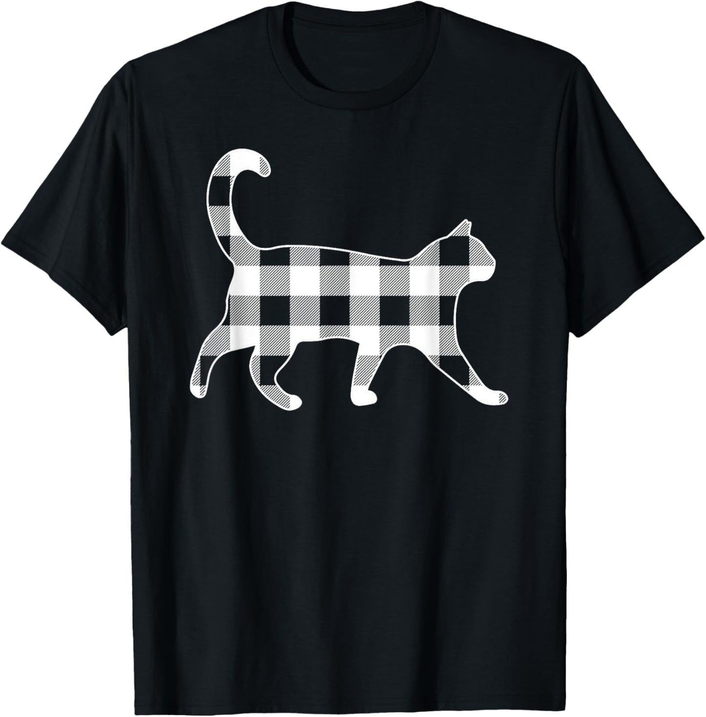 Cat Black & White Buffalo Plaid Merry Christmas T-Shirt - T-Shirt | Black