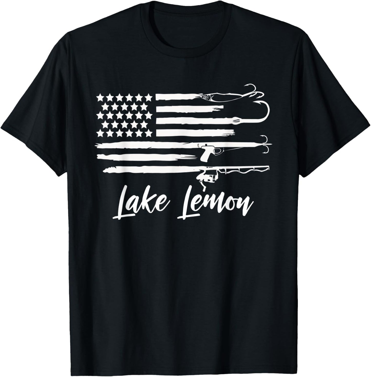 Lake Lemon Indiana Patriotic Fishing Novelty Flag T-Shirt - T-Shirt | Black