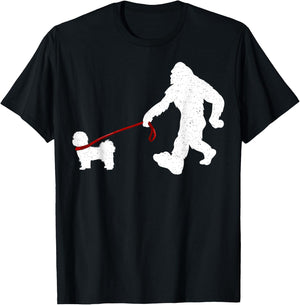 Funny Bigfoot Walking With Shih Tzu Dog Lover Bigfoot Men Women Kids T-Shirt - T-Shirt | Black
