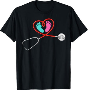 Pediatric OB NICU Nurse Stethoscope Baby Feet Funny Nursing T-Shirt - T-Shirt | Black