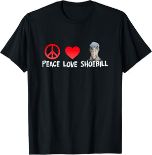 Peace Love Shoebill Large African Bird Wildlife Animal Lover T-Shirt - T-Shirt | Black