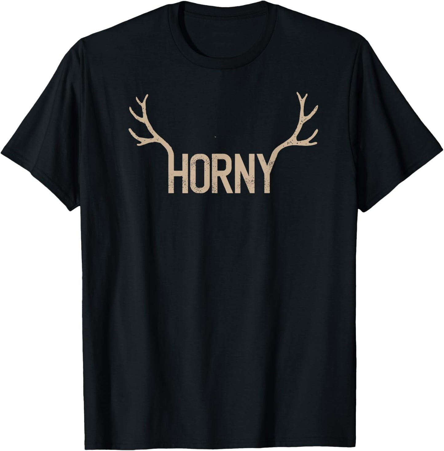 Horny - The Word Horny with Deer Antlers Funny T-Shirt - T-Shirt | Black