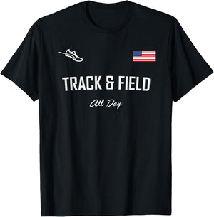 Track and Field Gifts | Track & Field All Day USA Flag T-Shirt - T-Shirt | Black
