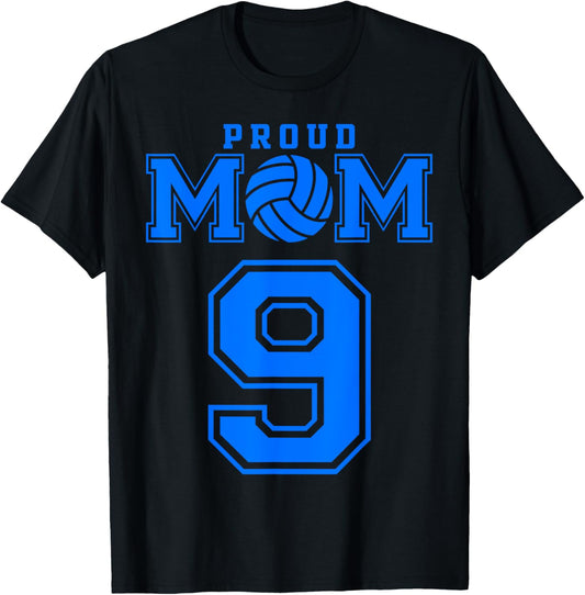 Proud Volleyball Mom Number 9 B T-Shirt - T-Shirt | Black