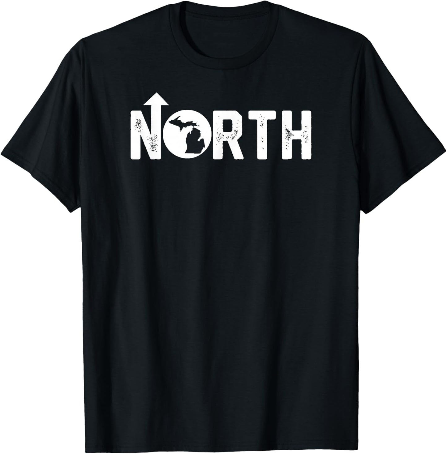 Vintage Up North Michigan Distressed Text State Map T-Shirt - T-Shirt | Black