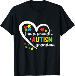 I'm A Proud Grandma Love Heart Autism Awareness Puzzle T-Shirt - T-Shirt | Black