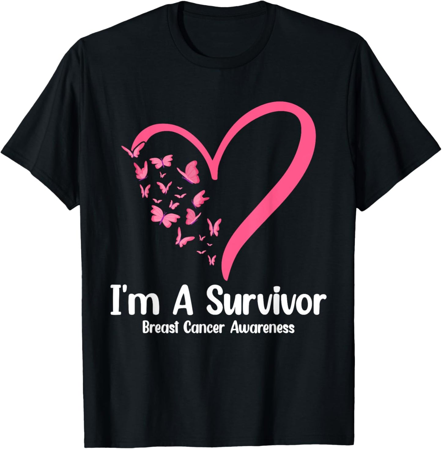 Pink Butterfly Heart I'm a Survivor Breast Cancer Awareness T-Shirt - T-Shirt | Black
